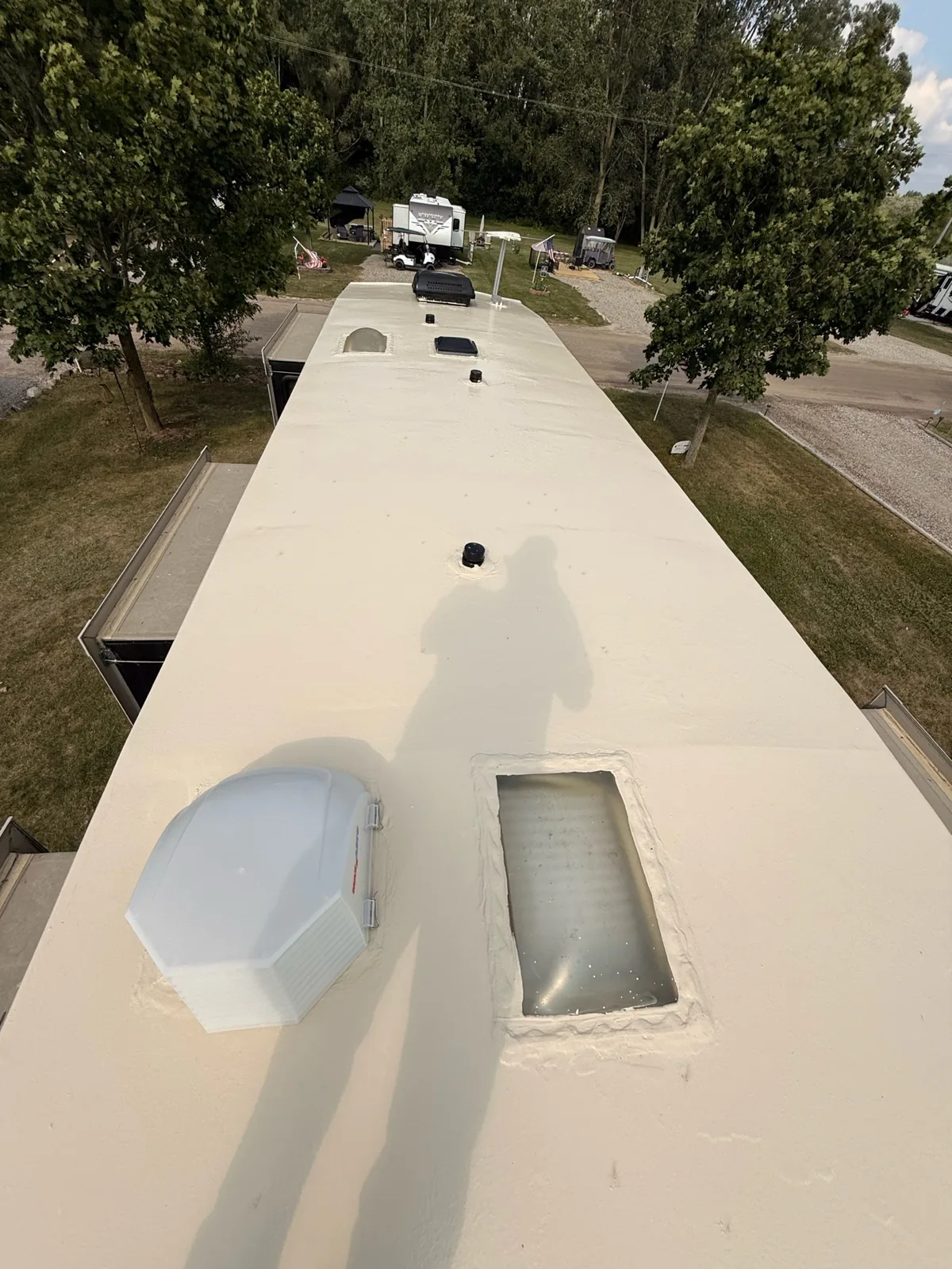 Completed Crazy Seal RV roof coating viewed from above